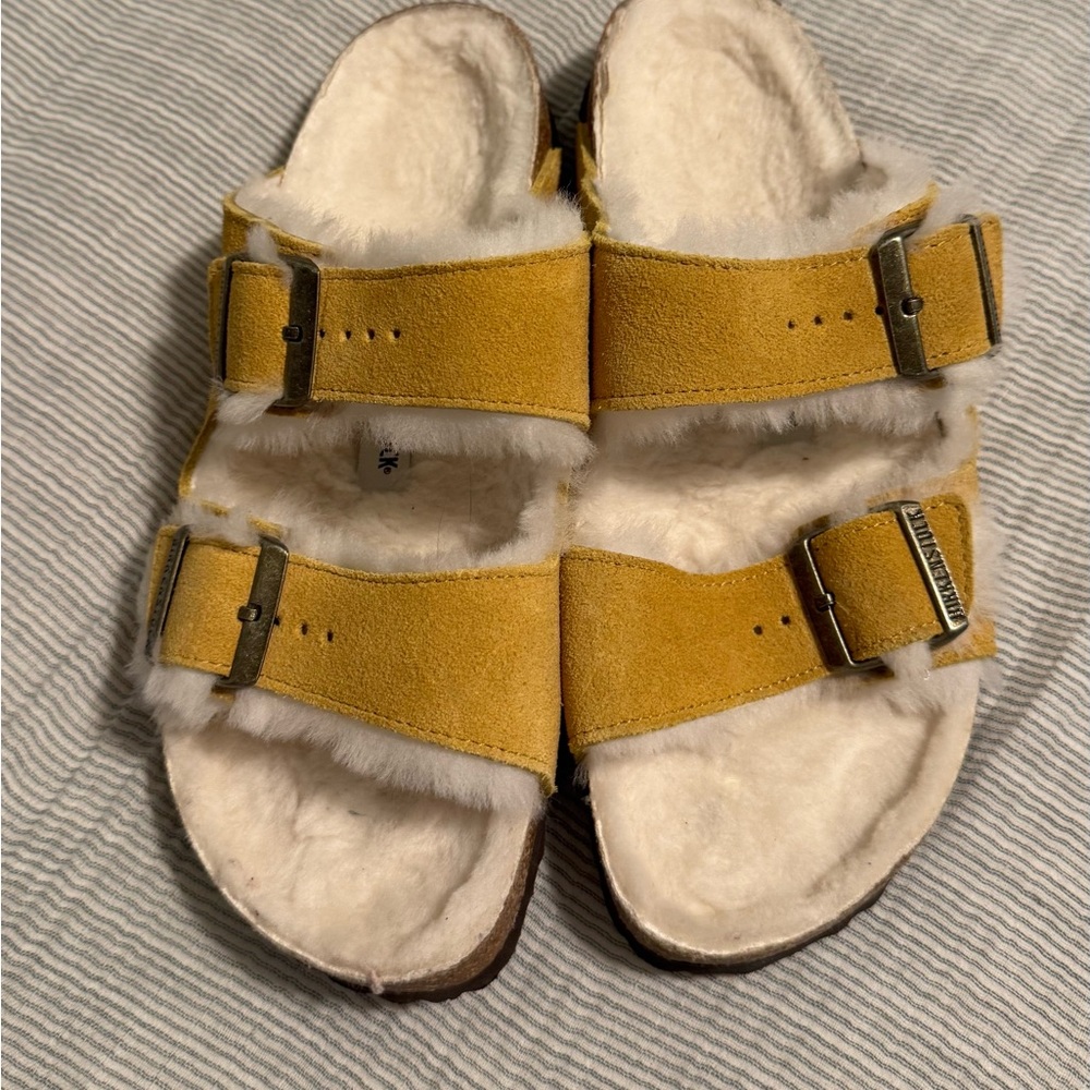 Birkenstock Arizona Yellow Shearling-Lined Sandals, Size 40
